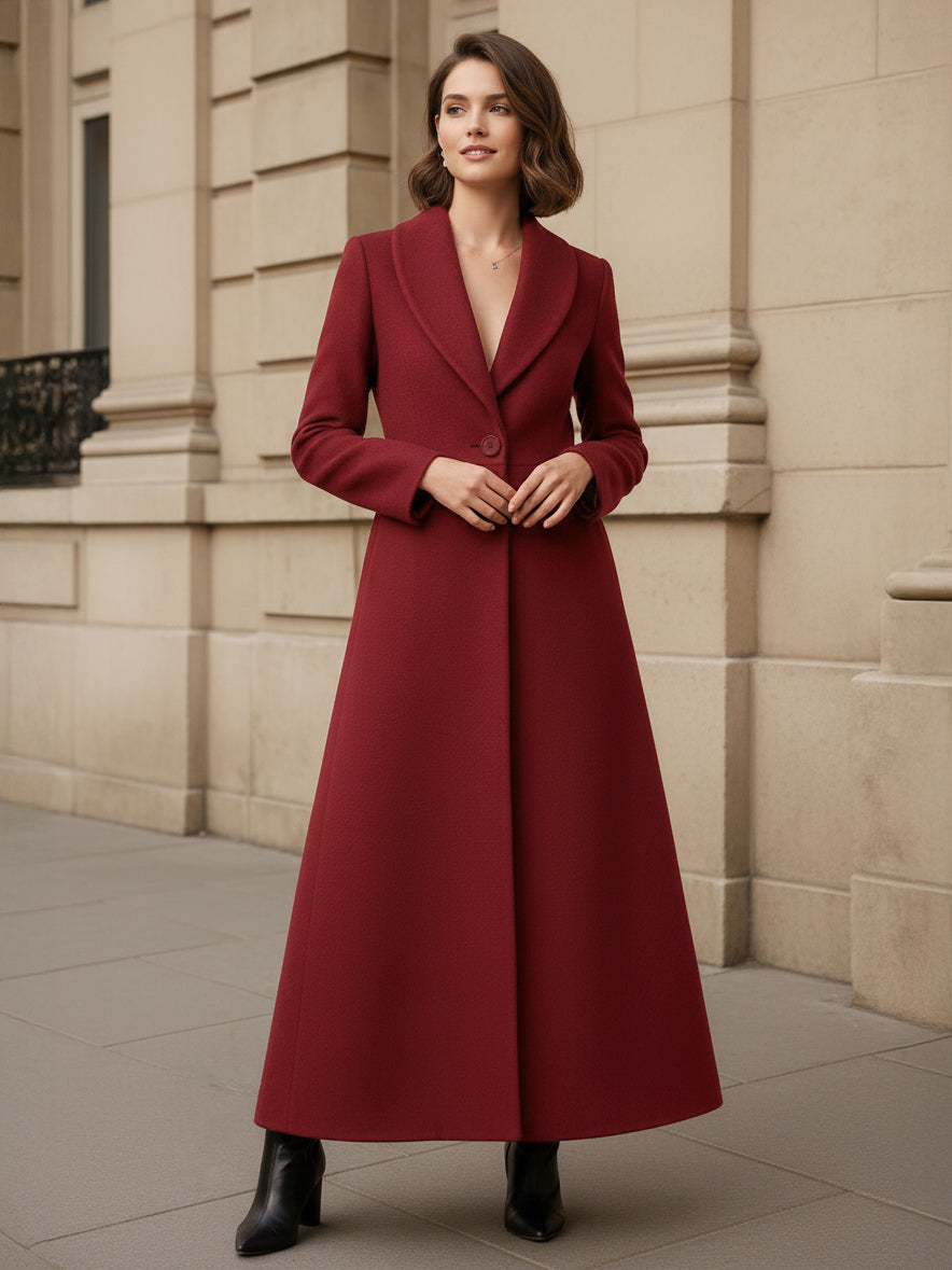 Shawl Collar Full-Length Woolen Coat With A-Line And V-Neck For Women 2026