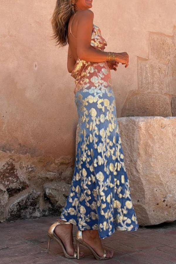 Tie Dye Ombre Gold Floral Print Sexy Strappy Maxi Dress