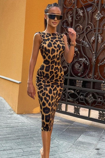 Leopard Print Bodycon Round Neck Maxi Dress