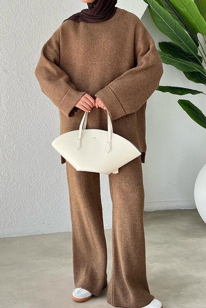 Solid Color Loose Long-sleeved Knit Top and Elastic Waist Casual Straight Leg Pants Set
