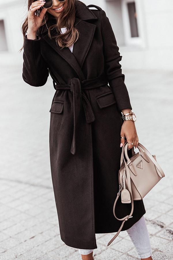 Simple Long-sleeved V-neck Tie Woolen Coat