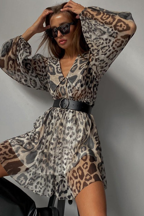 Print Pointed Collar Puff Sleeve Button Front Ruffle Hem Mini Dress