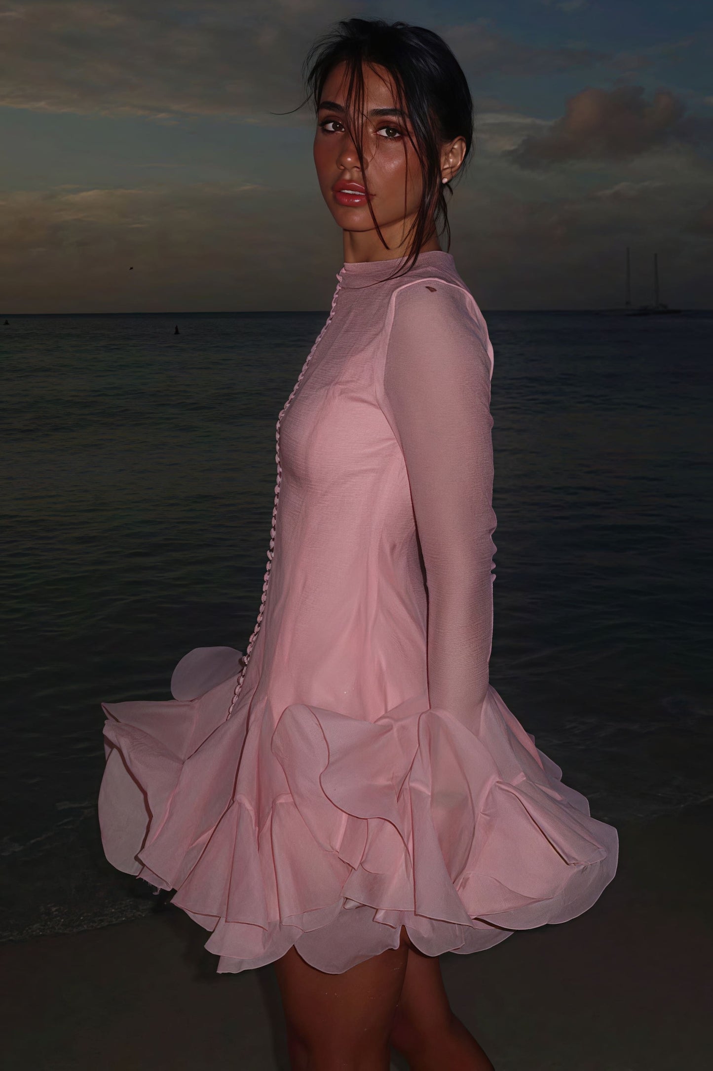 High Neck Button Front Long Sleeve Tiered Ruffle Flounce Mini Dress