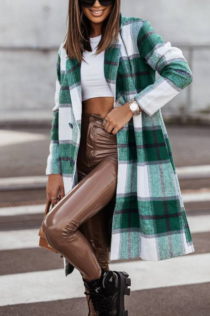 Women's Mid Length Double Breasted Plaid Print Woolen Coat