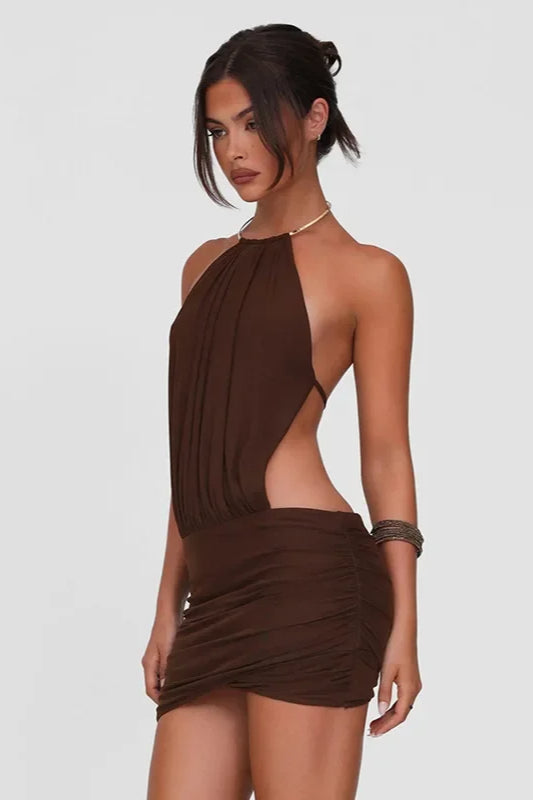 Halter Neck Metal Ring Draped Blouson Top Ruched Wrap Hem Mini Skirt Set