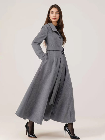 Long Woolen Flared Coat Gray Belted Winter Full Length Outerwear For Women 2026