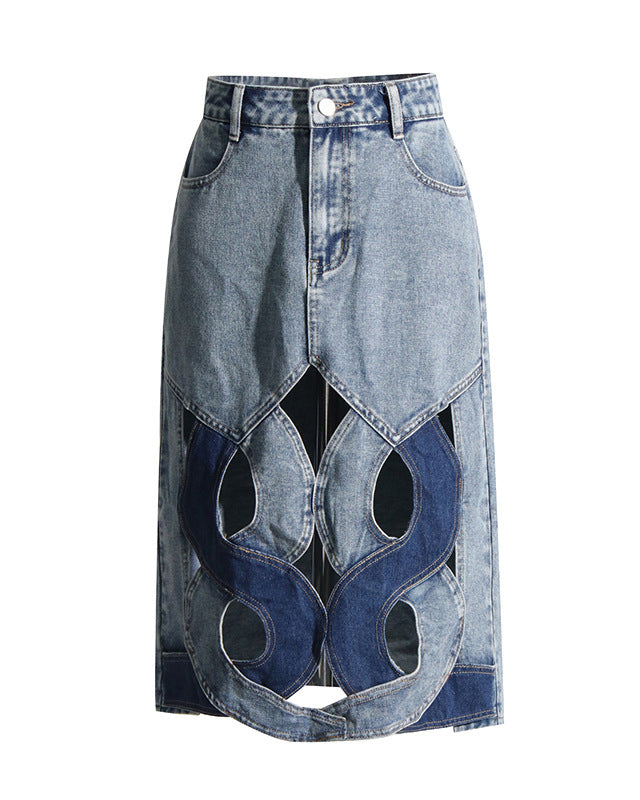 Spliced Hollow Casual Mid-Length Denim Skirt