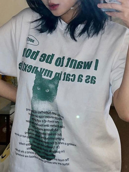 Cat Letter Print Oversized Short Sleeve Tee