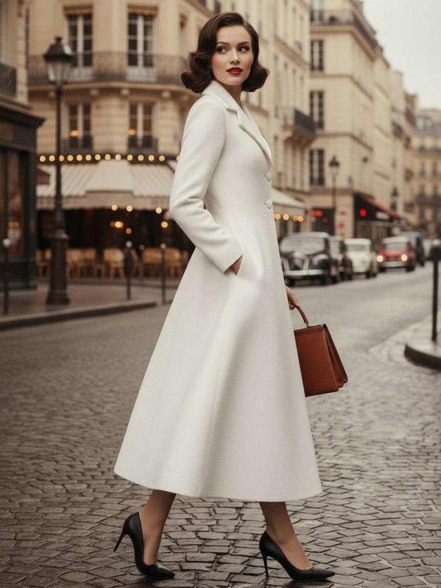 Vintage Classic Lapel A-line Woolen Flared Coat In White For Women 2026