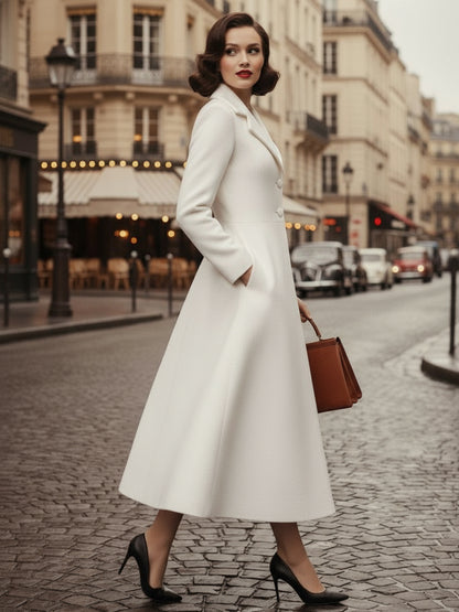 Vintage Classic Lapel A-line Woolen Flared Coat In White For Women 2026