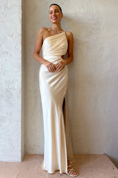 One Shoulder High Slit Ruched Evening Gown Cami Maxi Dress