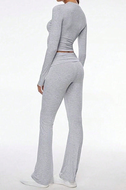 Casual V Neck Flared Stretch Two Piece Pants Set