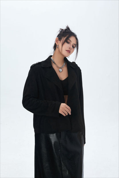 Suede Open Front Biker Jacket