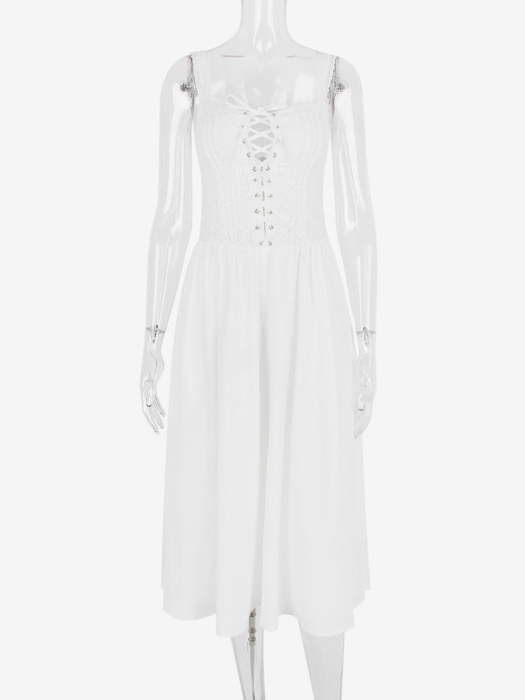 White Corset Dress Cutout Wide Strap Lace Trim Backless Cottagecore Midi Dresses