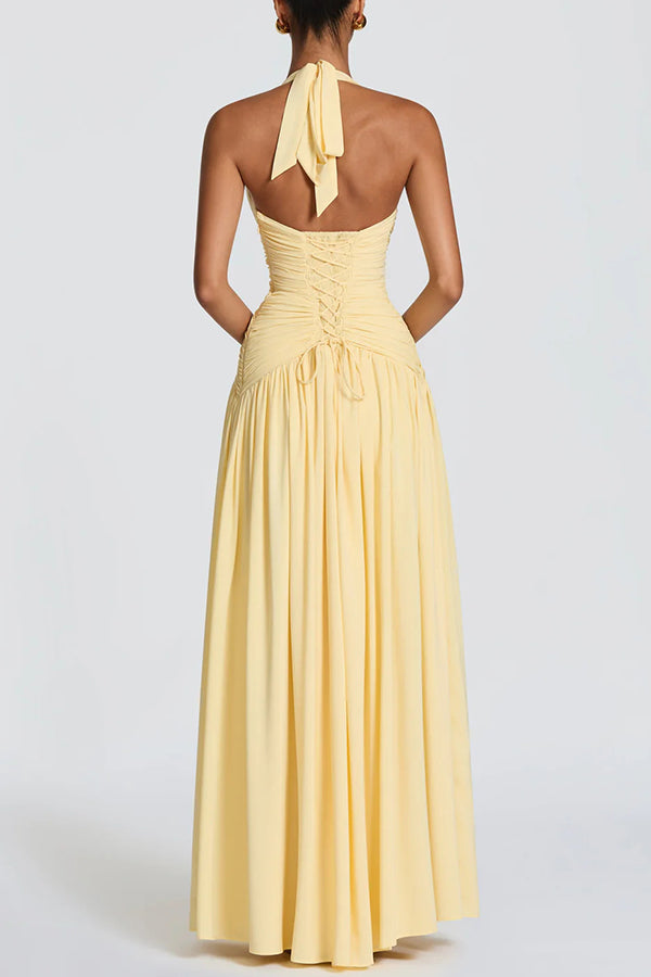 Amaris Halter Tie-up V-neck Ruched Detail Back Lace-up Slit Drape Maxi Dress