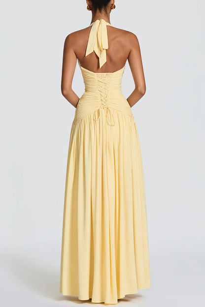Amaris Halter Tie-up V-neck Ruched Detail Back Lace-up Slit Drape Maxi Dress