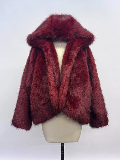 Burgundy Hooded Faux Fur Jacket For Women 2026