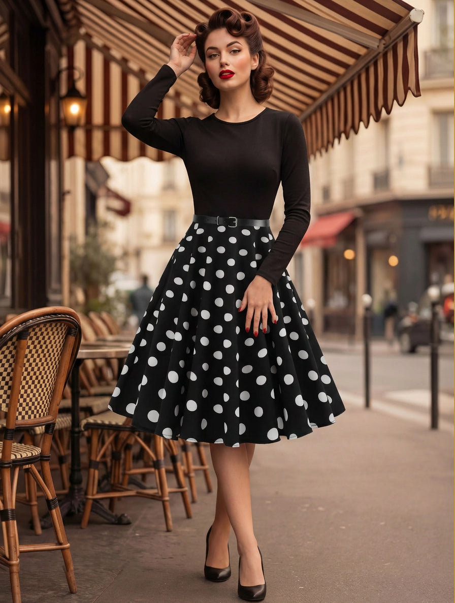 Vintage Polka Dot Swing Dress for Women - 1950s Rockabilly Long Sleeve Belted A-Line Midi Dress - Spring Retro Party 2026