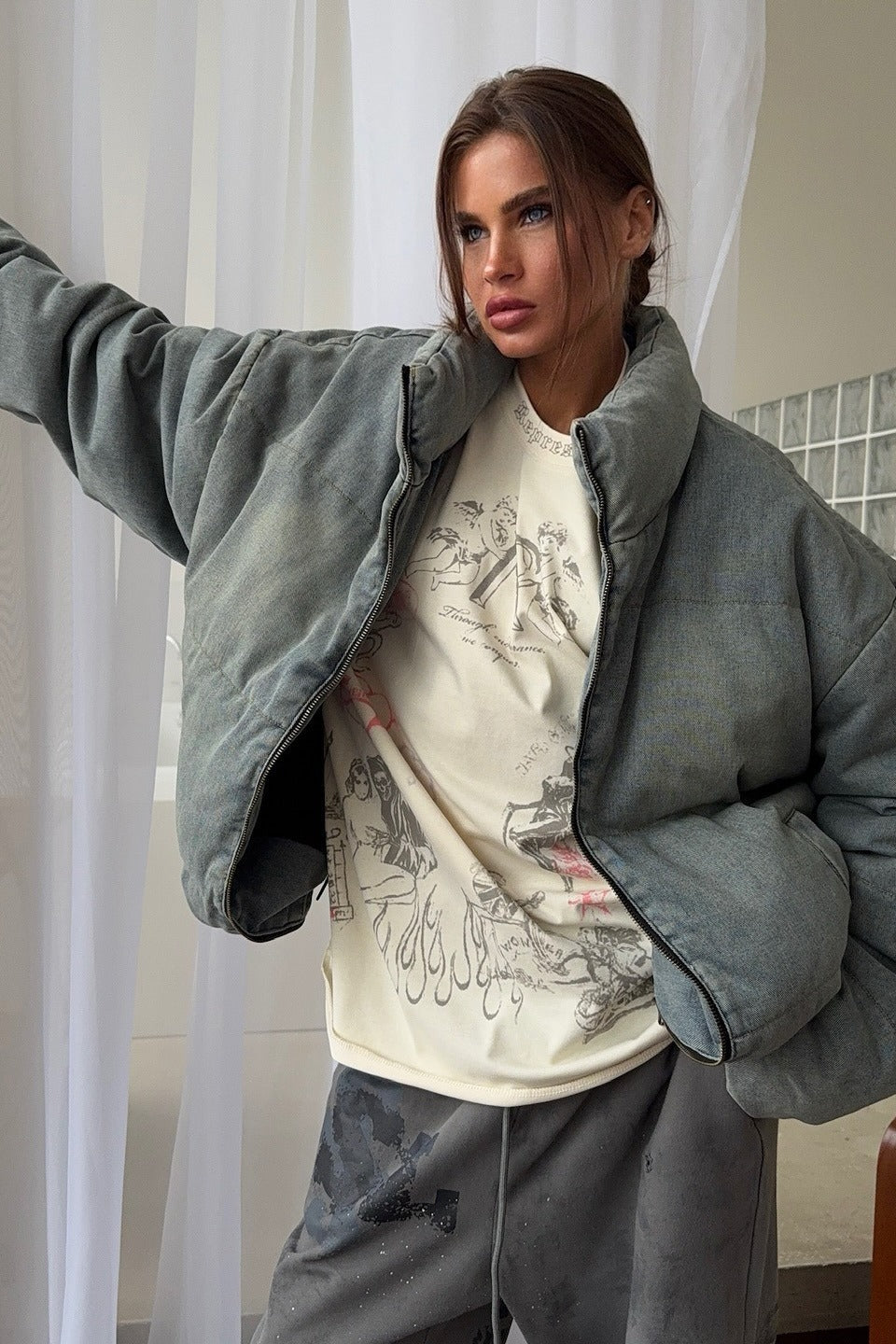 Washed Denim Stand Collar Puffer Jacket