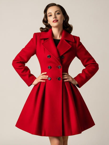 Retro Red 1950s Double-Breasted A-line Woolen Coat For Women 2026