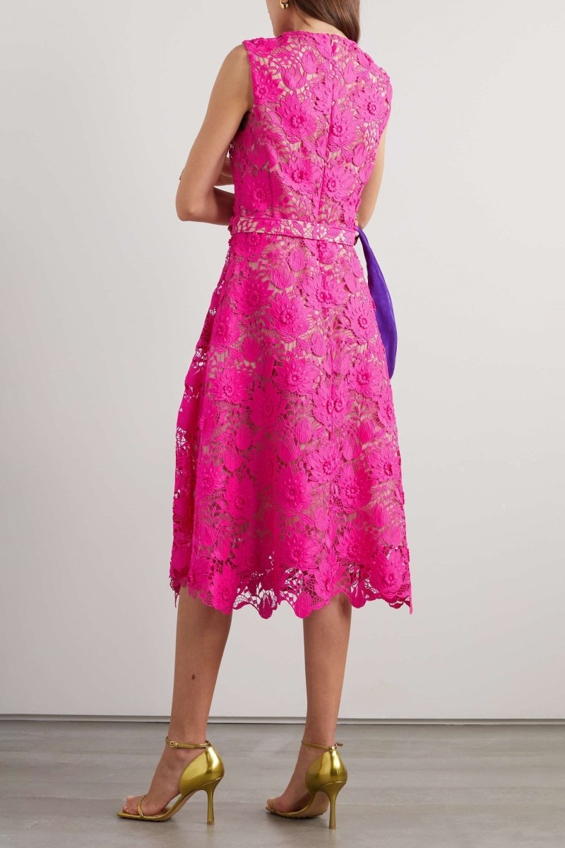 Afra Embroidered Lace Belted Midi Dress