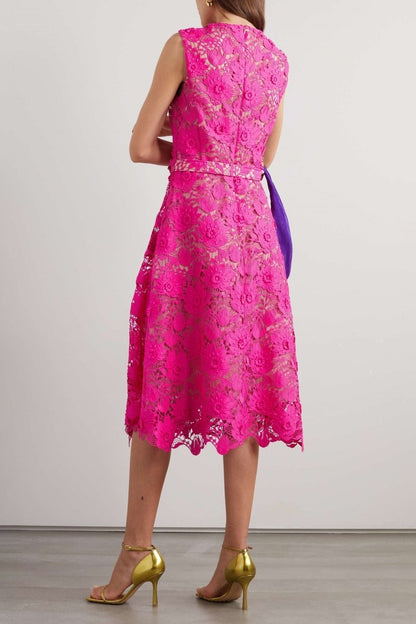 Afra Embroidered Lace Belted Midi Dress