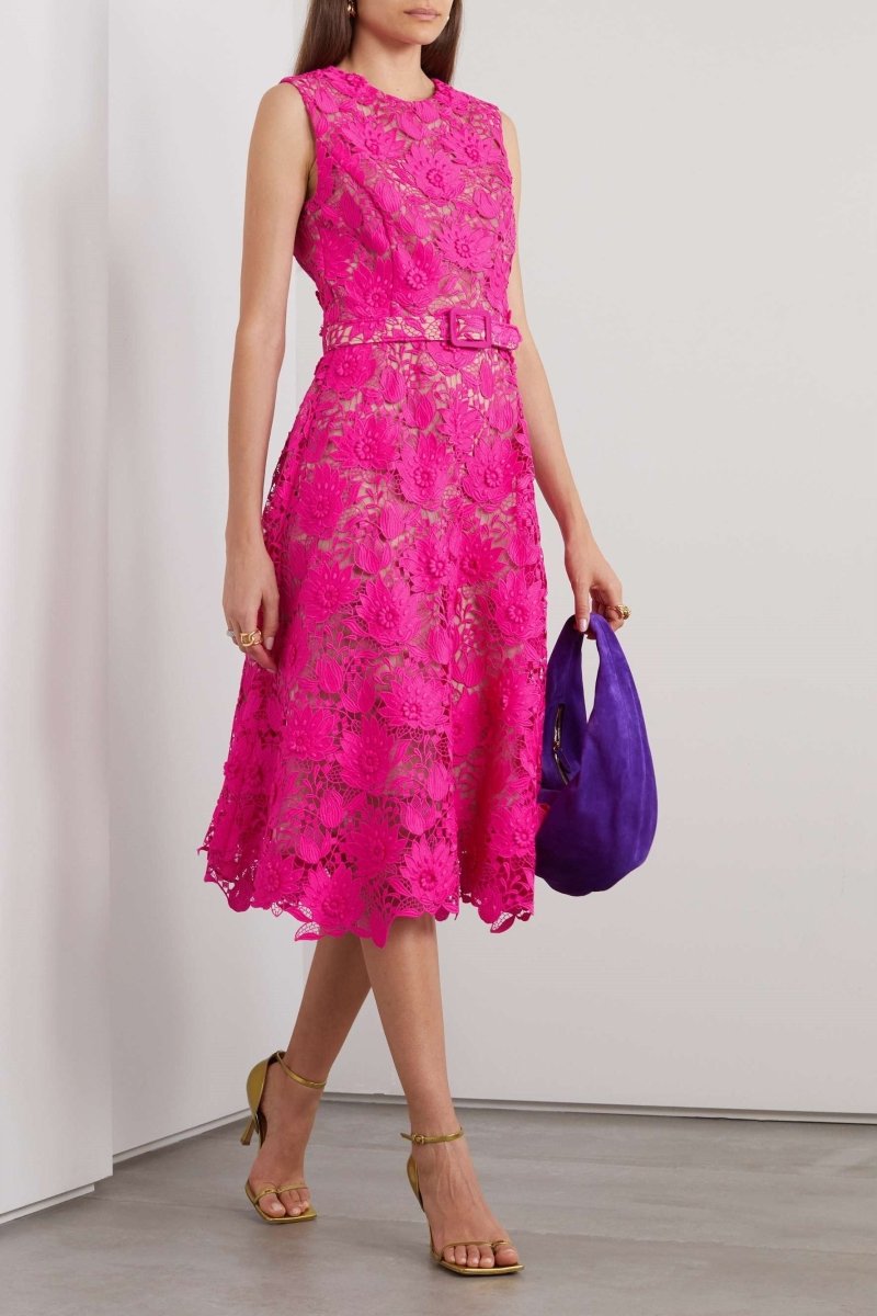 Afra Embroidered Lace Belted Midi Dress
