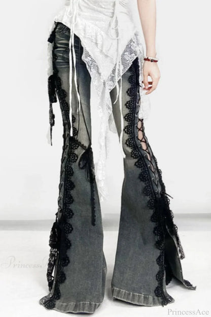 American Retro Lace Strap Slit Bell-bottom Jeans