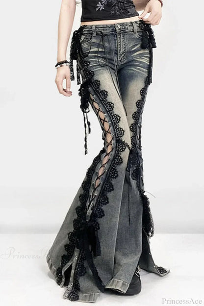 American Retro Lace Strap Slit Bell-bottom Jeans
