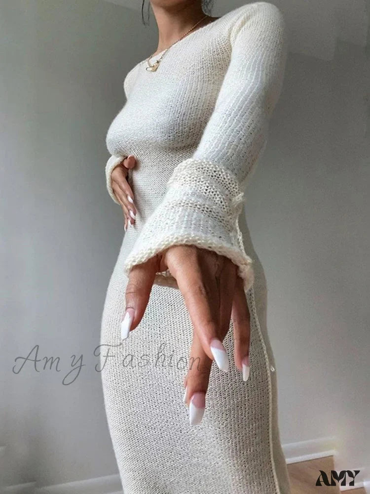 Amy Fashion - New Knitted Bodycon Fairy Grunge Casual Fashion Maxi Dress