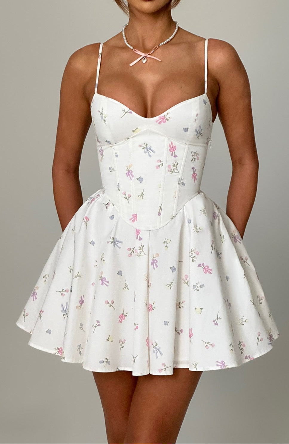 Amy Mini Dress-White Multi Floral Print