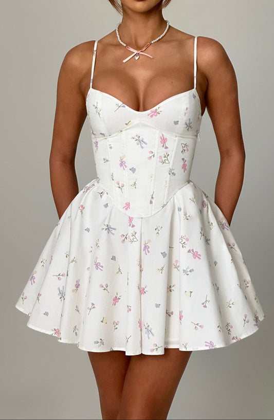 Amy Mini Dress-White Multi Floral Print