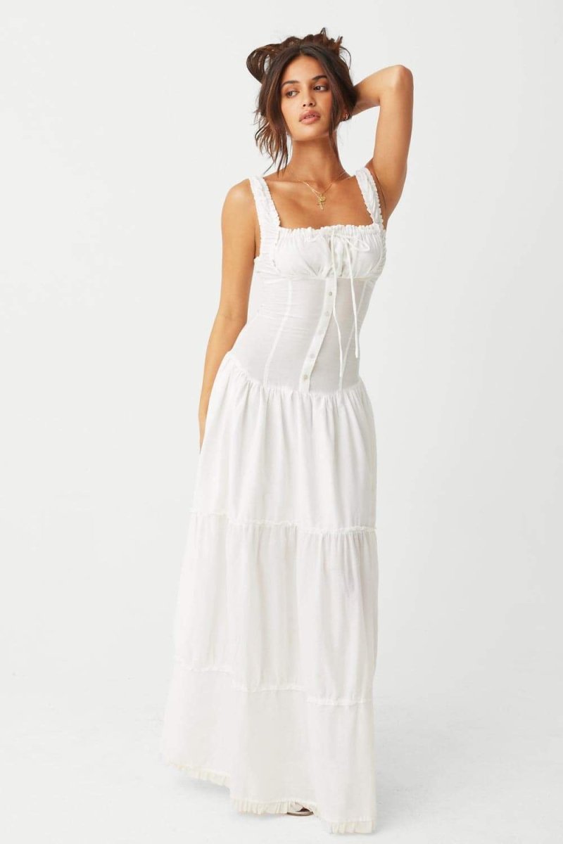 Square Neck Ruffle Strap Tiered Button Placket Maxi Dress