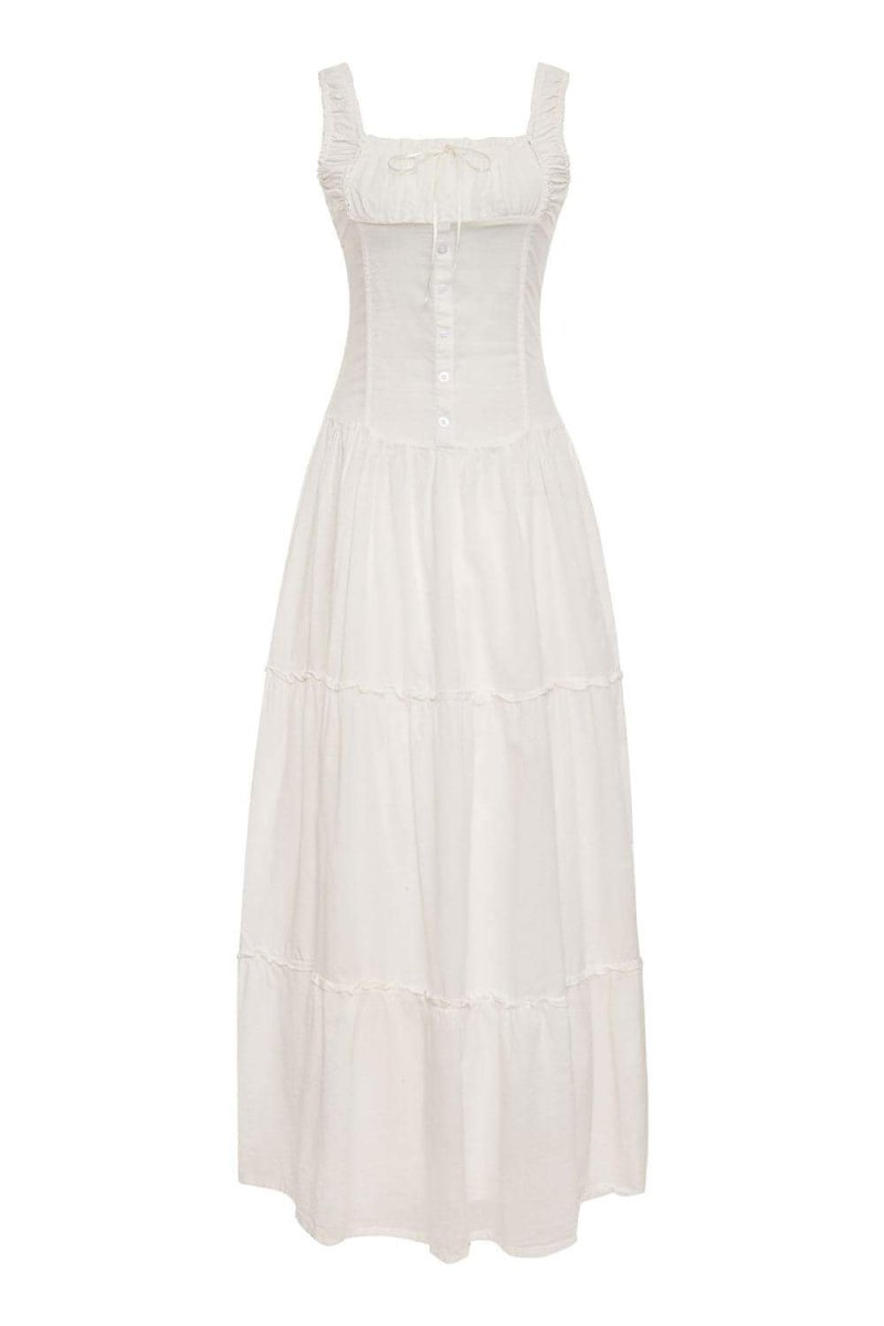 Square Neck Ruffle Strap Tiered Button Placket Maxi Dress