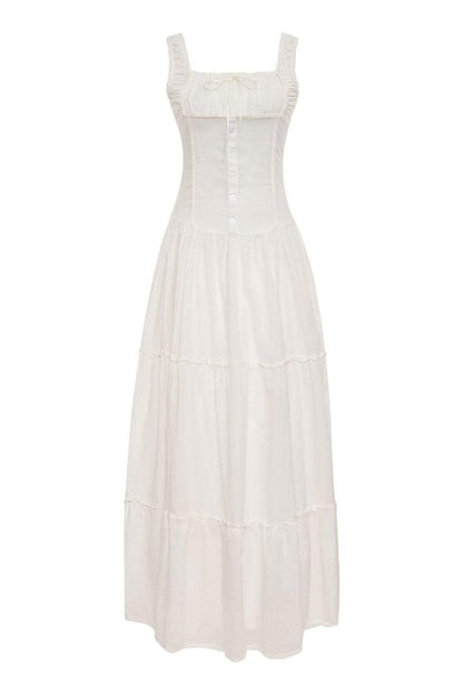 Square Neck Ruffle Strap Tiered Button Placket Maxi Dress