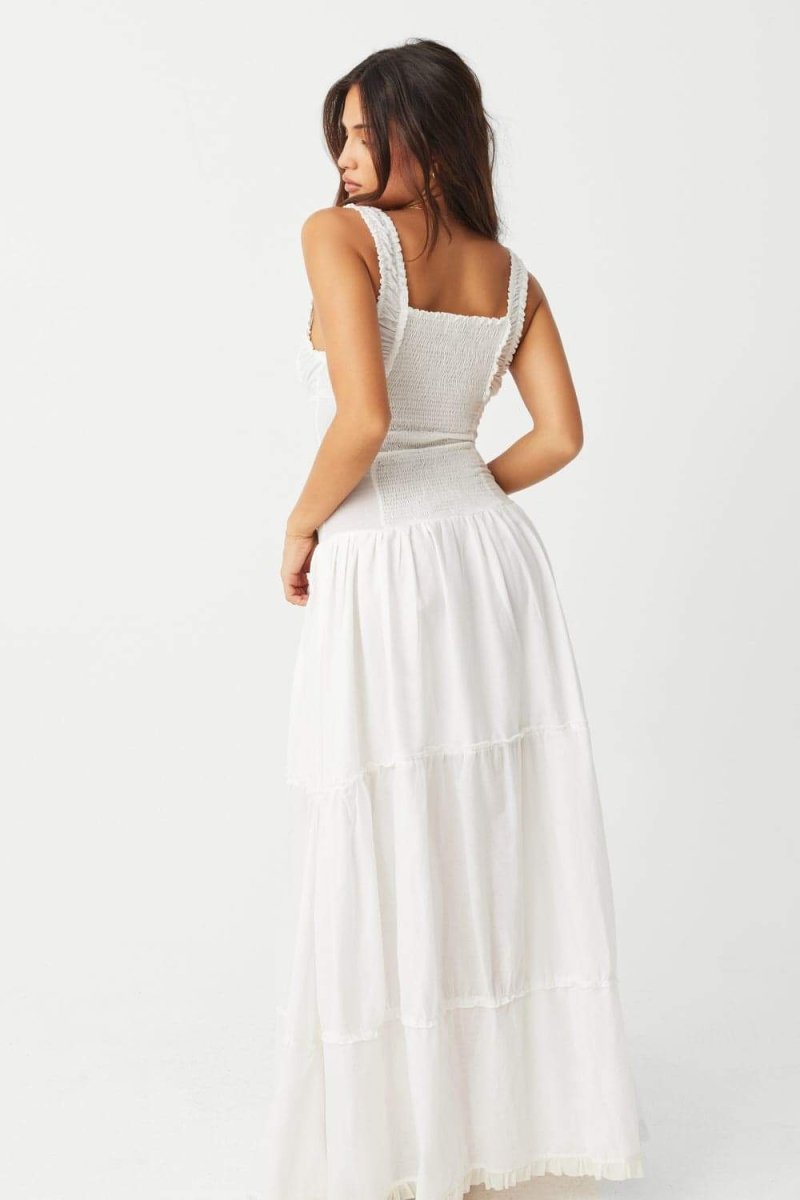 Square Neck Ruffle Strap Tiered Button Placket Maxi Dress