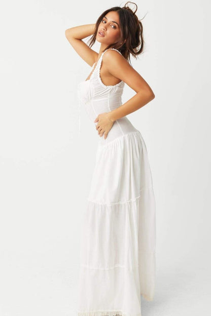 Square Neck Ruffle Strap Tiered Button Placket Maxi Dress