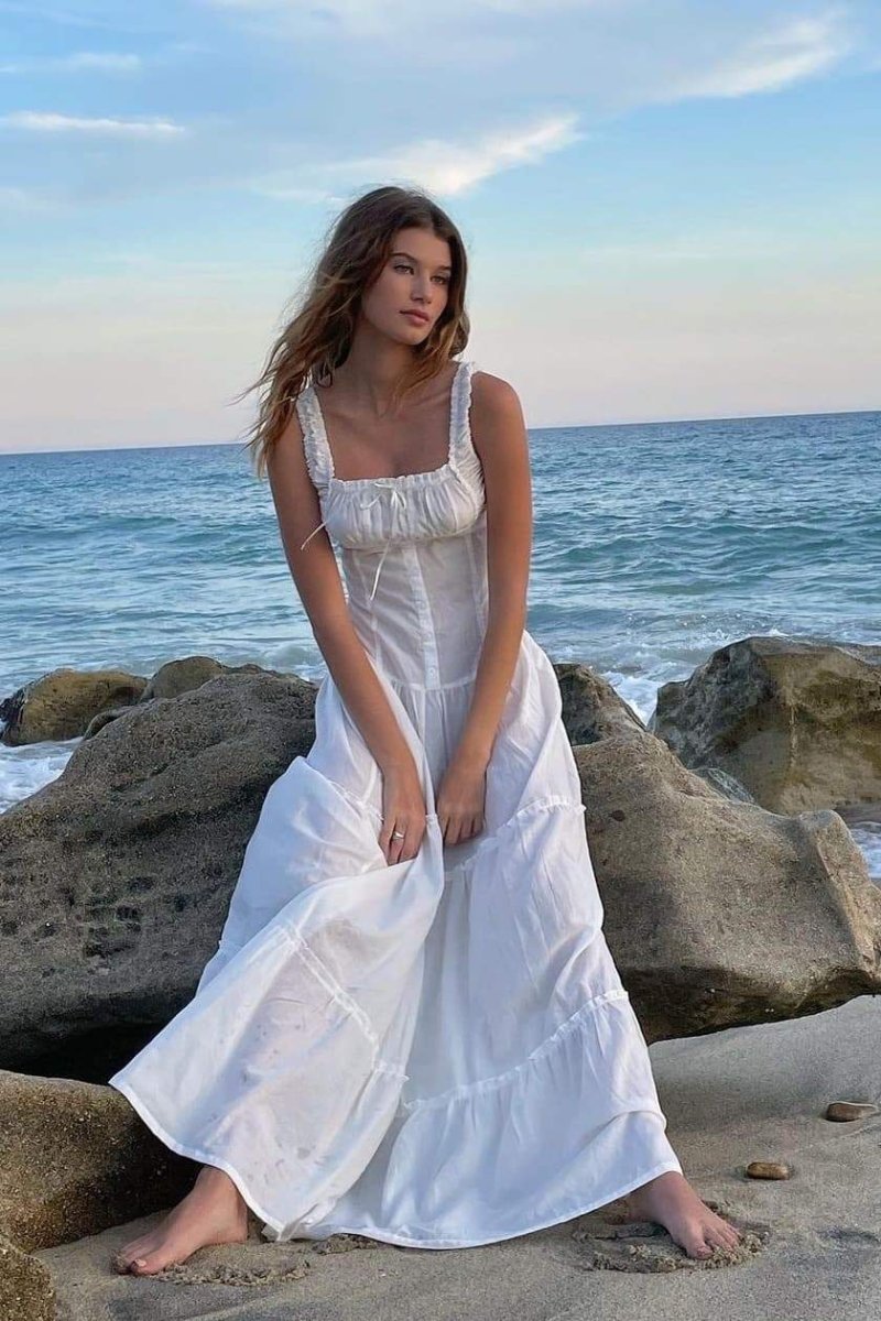 Square Neck Ruffle Strap Tiered Button Placket Maxi Dress