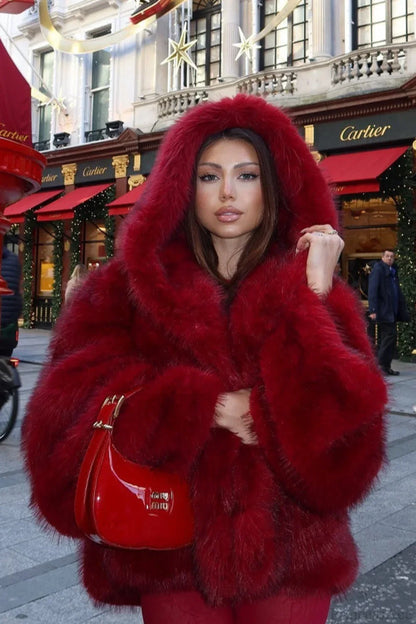 Angora Red Faux Fox Fur Cropped Hooded Coat
