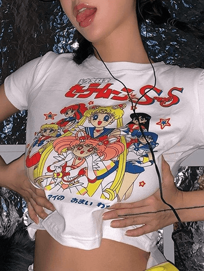 White Y2K Anime Graphic Crop Top