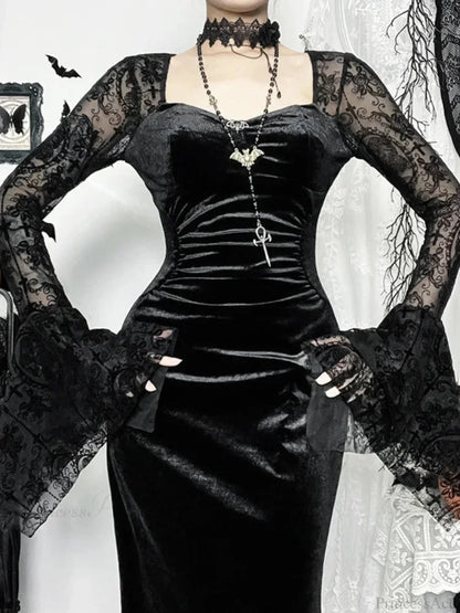 Antique Flare Sleeve Square Collar Full-Length Dress