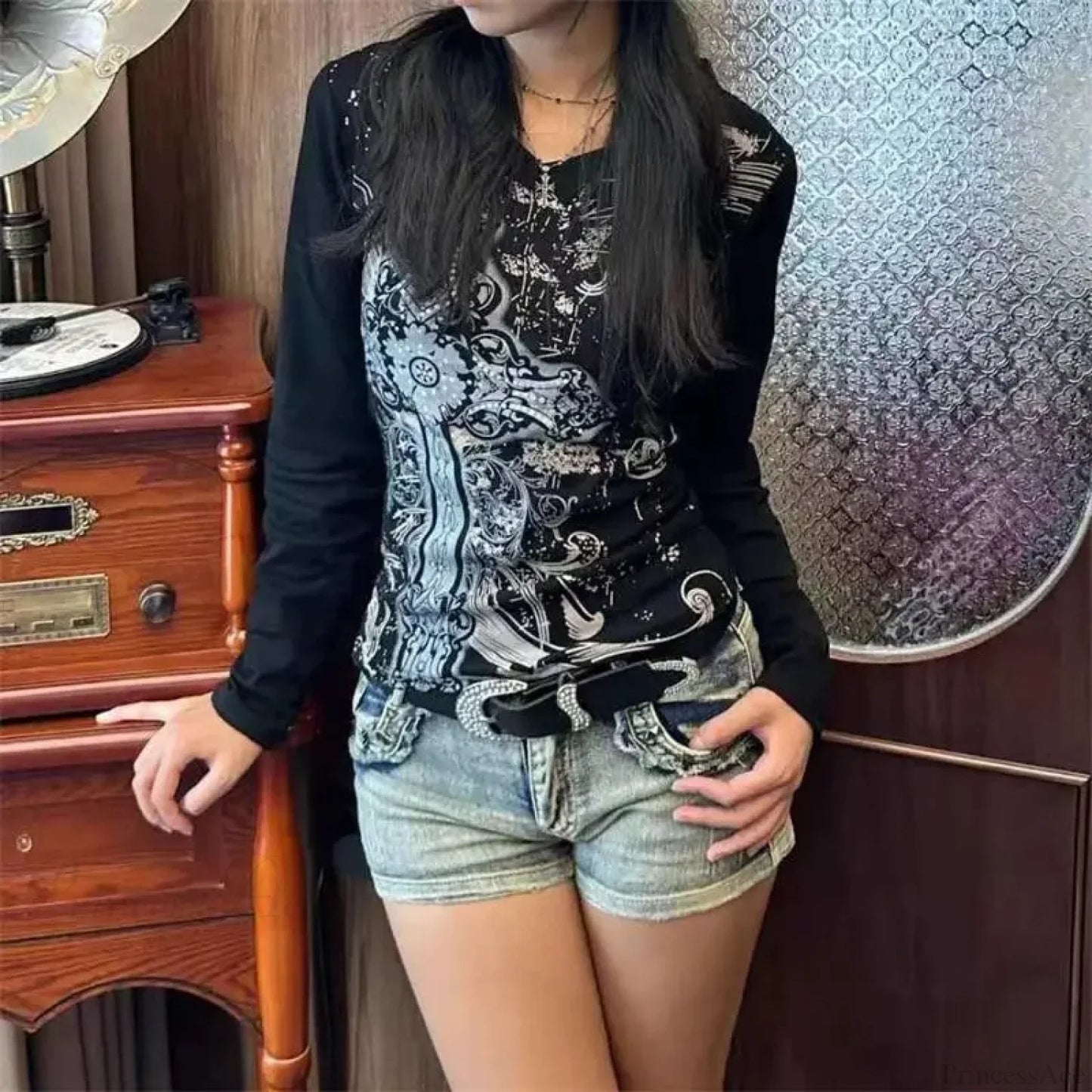 Antique Mysterious Black Plunge-neck Blouse