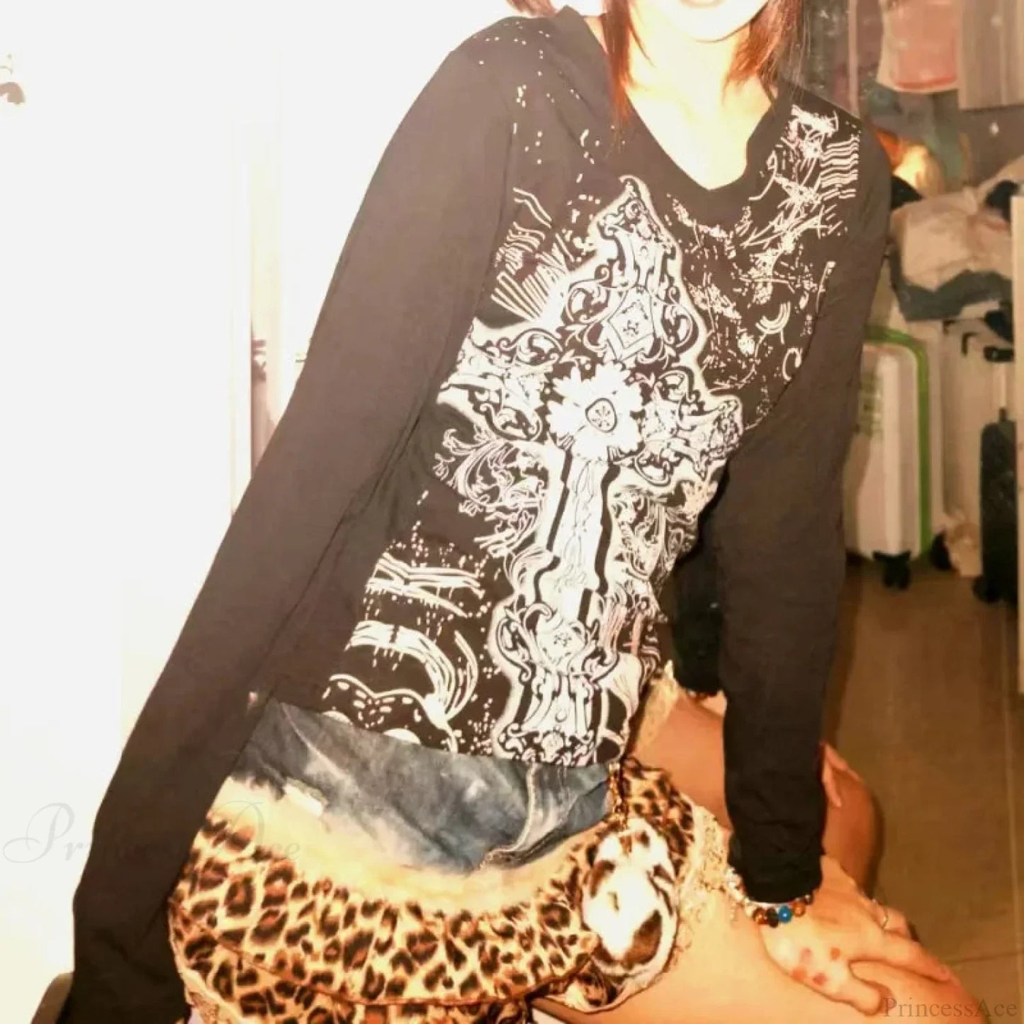 Antique Mysterious Black Plunge-neck Blouse