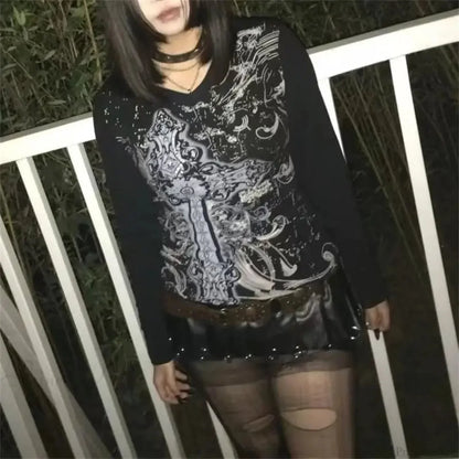 Antique Mysterious Black Plunge-neck Blouse