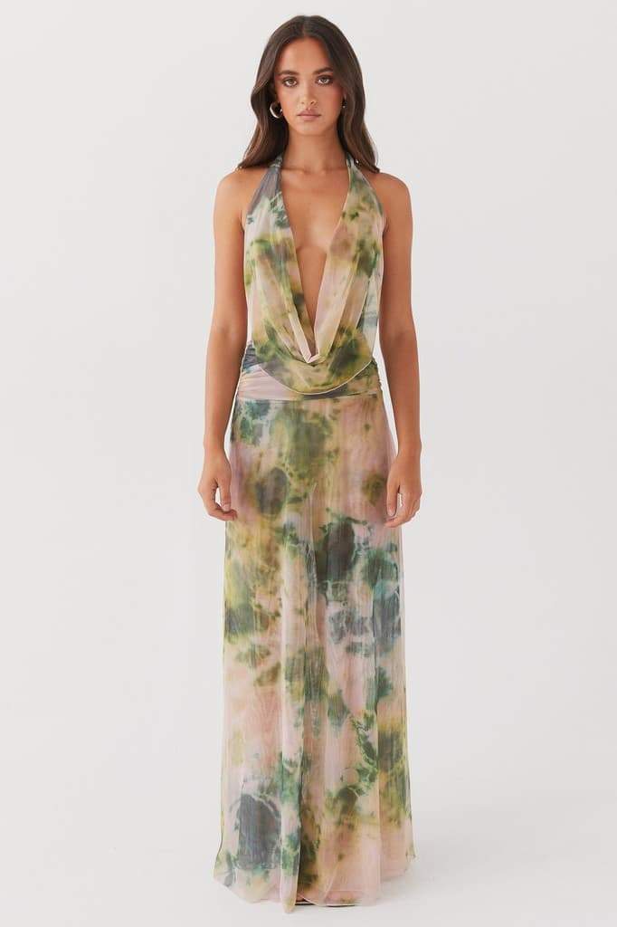 Tie Dye Marble Print Halter Neck Rib Knit Two-Piece Set