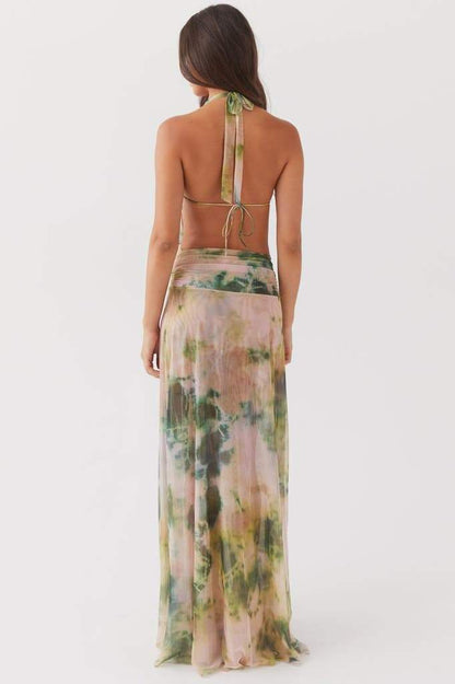 Tie Dye Marble Print Halter Neck Rib Knit Two-Piece Set