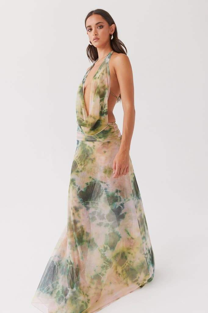 Tie Dye Marble Print Halter Neck Rib Knit Two-Piece Set