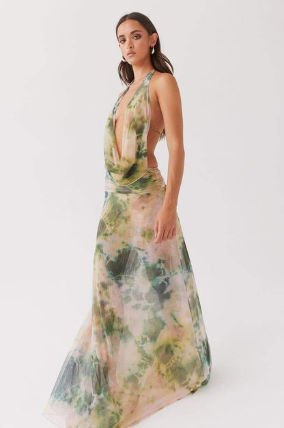 Tie Dye Marble Print Halter Neck Rib Knit Two-Piece Set