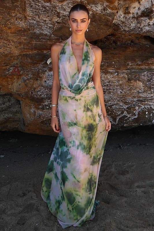 Tie Dye Marble Print Halter Neck Rib Knit Two-Piece Set