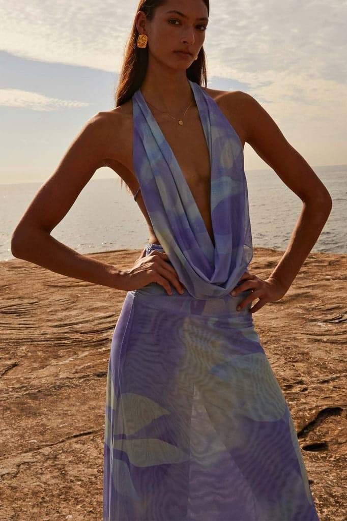 Tie Dye Marble Print Halter Neck Rib Knit Two-Piece Set